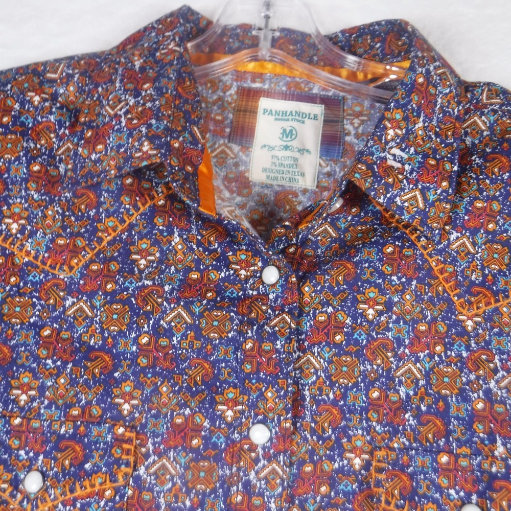 Panhandle Rough Stock Womens Blue Geometric Western Pearl Snap Shirt Medium